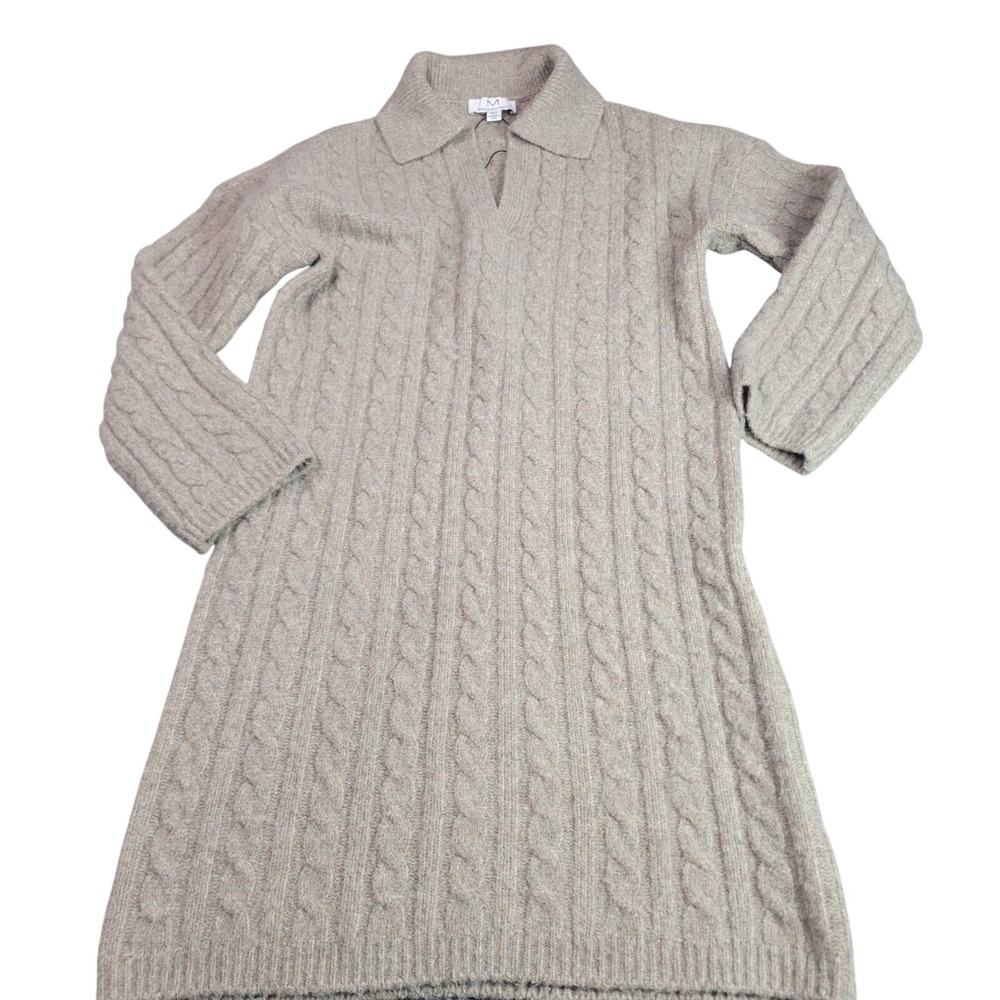 Magaschoni Sweater Dress Womens Medium Taupe Cable Knit Polo Collar Wool Blend M